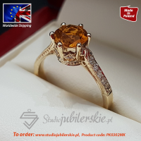 Przepiękny złoty pierścionek zaręczynowy z dużym 7 mm cytrynem i brylantami 0,16ct PK0302MK