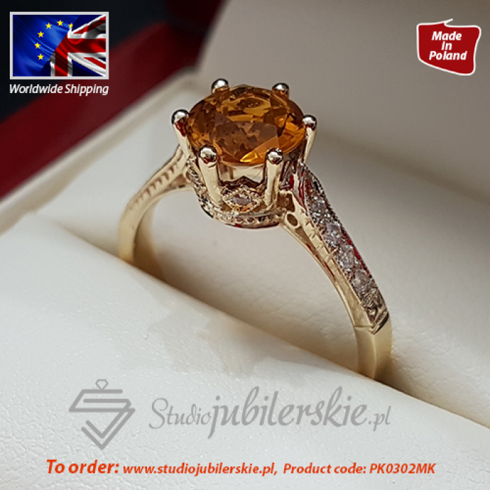 Przepiękny złoty pierścionek zaręczynowy z dużym 7 mm cytrynem i brylantami 0,16ct PK0302MK